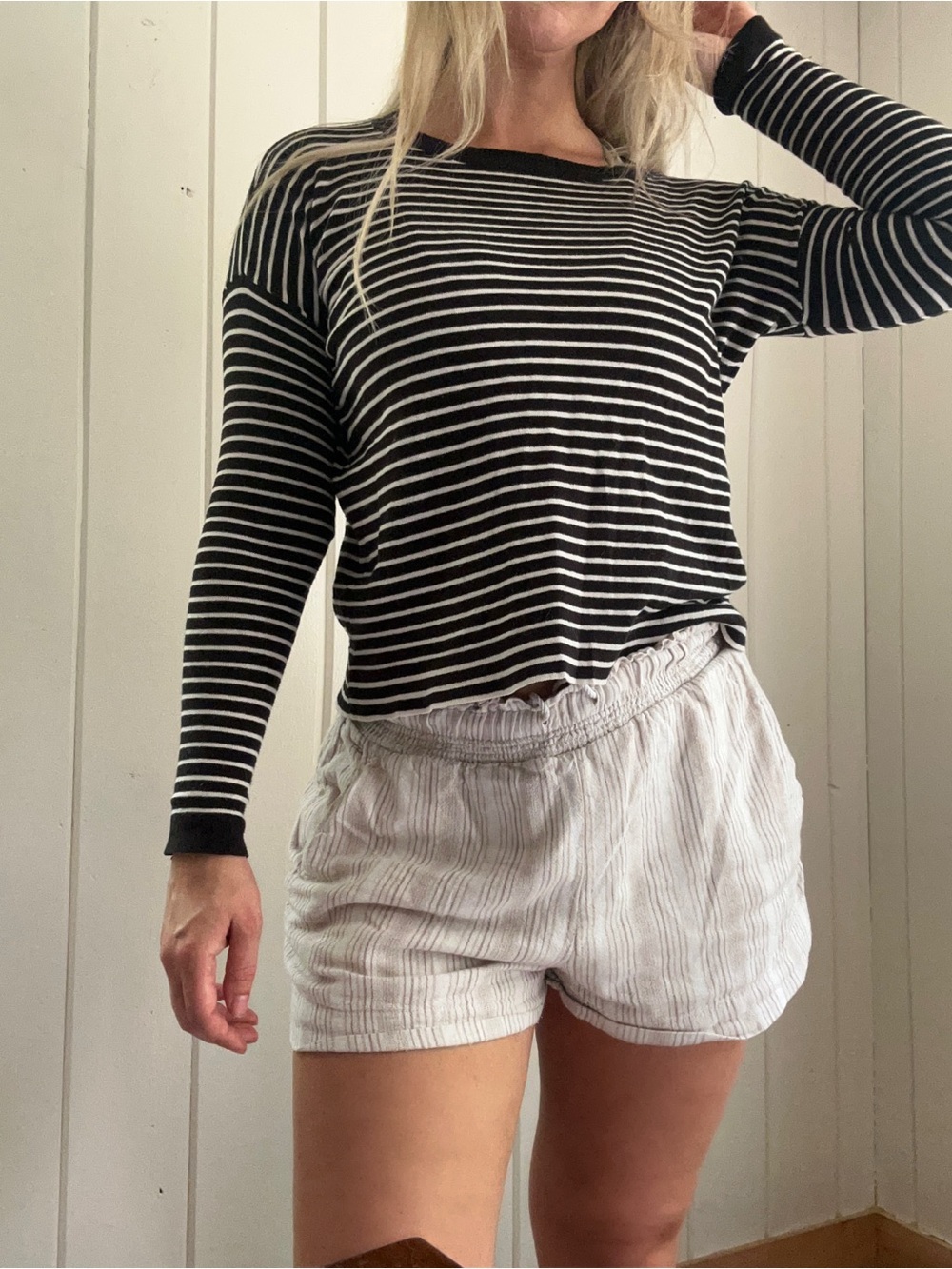 Mango Cotton‎ Black & White Striped Long-Sleeve Crewneck Top
